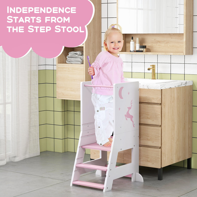 Toddler Kitchen Stool Helper Baby Standing Tower with Chalkboard and Whiteboard-Pink