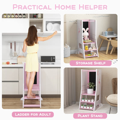 Toddler Kitchen Stool Helper Baby Standing Tower with Chalkboard and Whiteboard-Pink