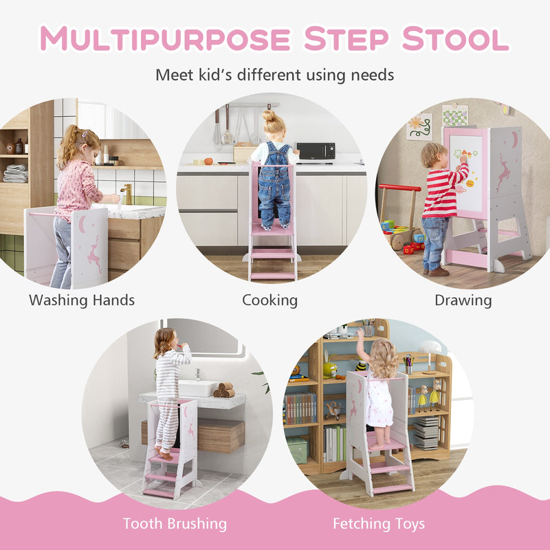 Toddler Kitchen Stool Helper Baby Standing Tower with Chalkboard and Whiteboard-Pink