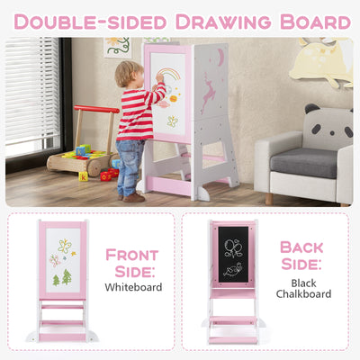 Toddler Kitchen Stool Helper Baby Standing Tower with Chalkboard and Whiteboard-Pink