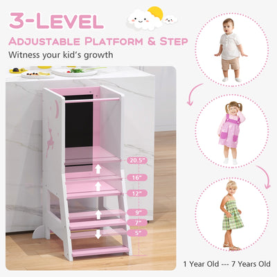 Toddler Kitchen Stool Helper Baby Standing Tower with Chalkboard and Whiteboard-Pink