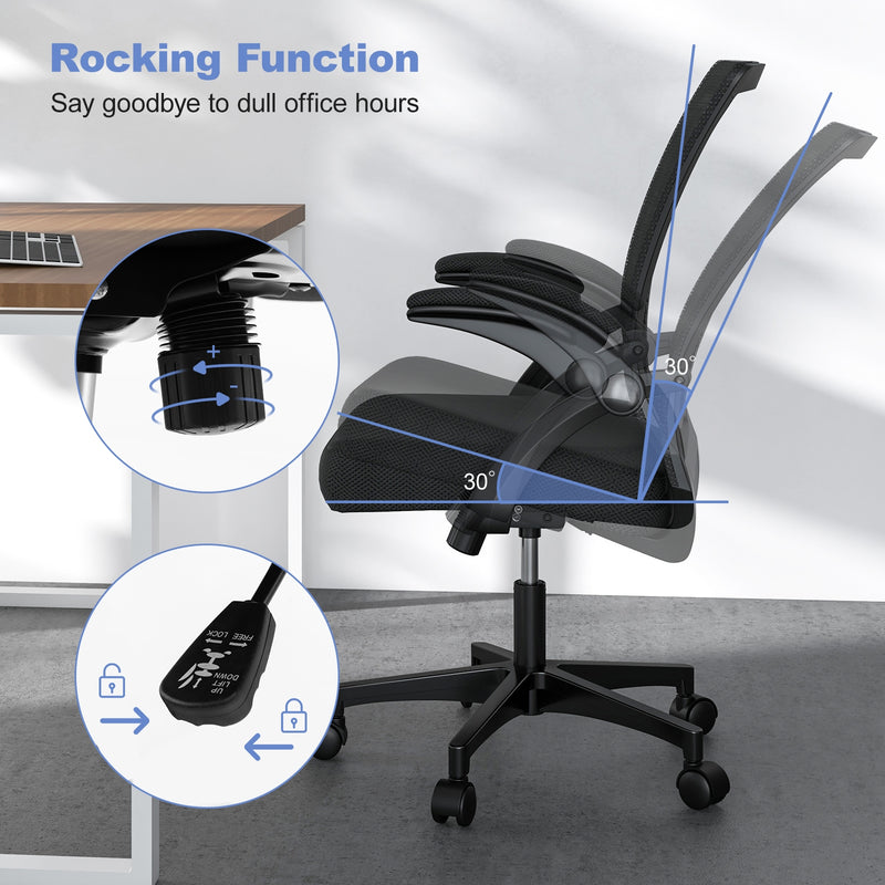 Ergonomic Office Chair Adjustable Swivel Chair with Flip-Up Armrests and Rocking Backrest-Black