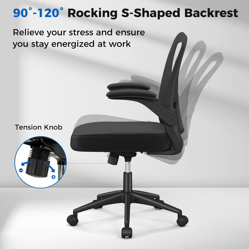 Adjustable Swivel Mesh Task Office Chair with Flip-Up Armrests-Black