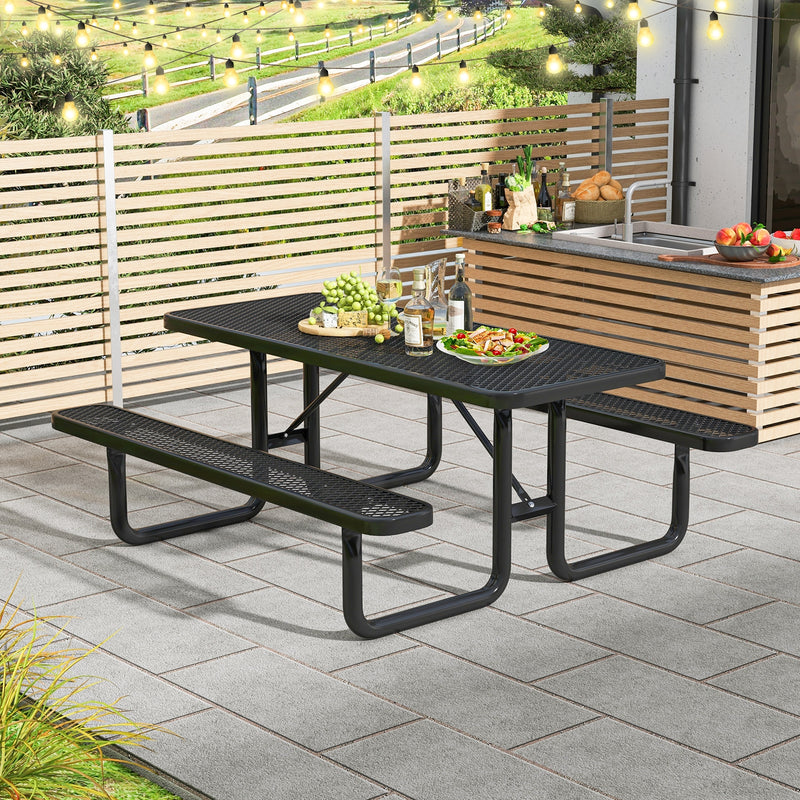 Outdoor Picnic Table and Bench Set for 8 Person with Seats and Mesh Grid-Black