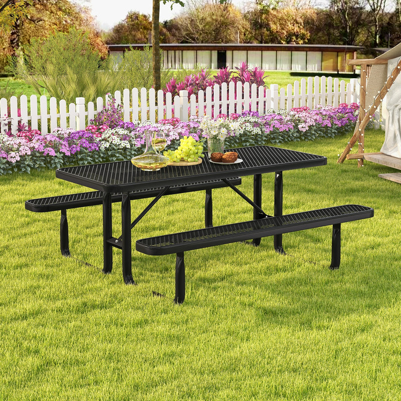 Outdoor Picnic Table and Bench Set for 8 Person with Seats and Mesh Grid-Black