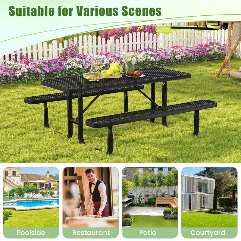 Outdoor Picnic Table and Bench Set for 8 Person with Seats and Mesh Grid-Black