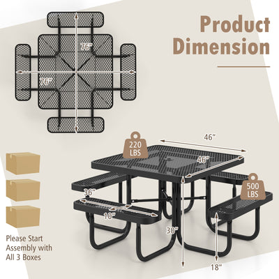 Square Picnic Table and Bench for 8 Person with Seats and Umbrella Hole-Black