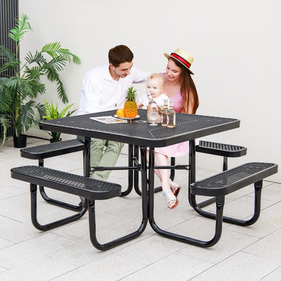 Square Picnic Table and Bench for 8 Person with Seats and Umbrella Hole-Black