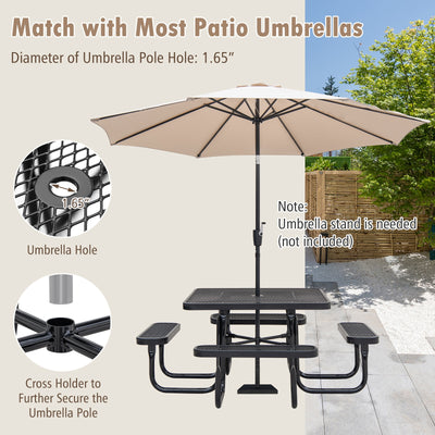 Square Picnic Table and Bench for 8 Person with Seats and Umbrella Hole-Black