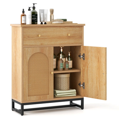 Accent Floor Storage Cabinet with Rattan Doors and Drawer-Natural