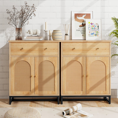 Accent Floor Storage Cabinet with Rattan Doors and Drawer-Natural