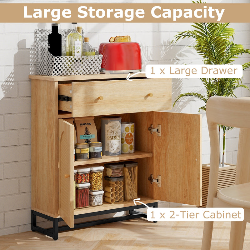 Accent Floor Storage Cabinet with Rattan Doors and Drawer-Natural