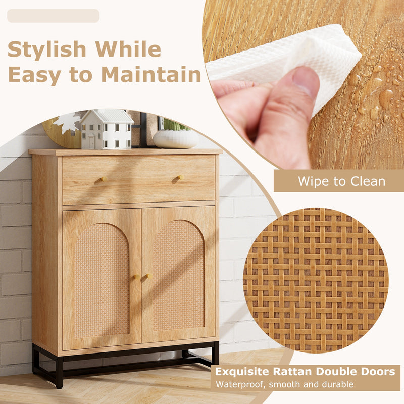 Accent Floor Storage Cabinet with Rattan Doors and Drawer-Natural