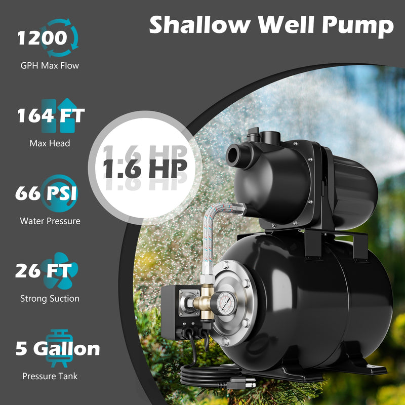 1200 W Garden Water Pump Shallow Well Pressurized Irrigation-Black