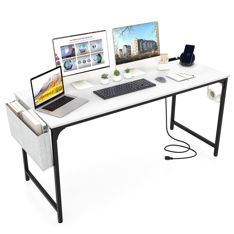 60 Inch Computer Desk with Charging Station Storage Bag-White