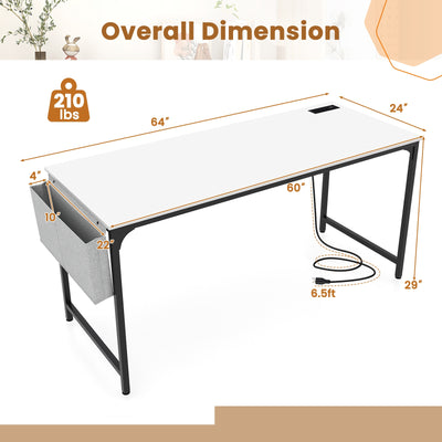 60 Inch Computer Desk with Charging Station Storage Bag-White