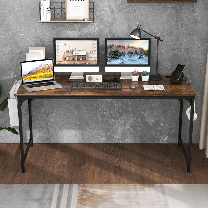 60 Inch Computer Desk with Charging Station Storage Bag-Rustic Brown