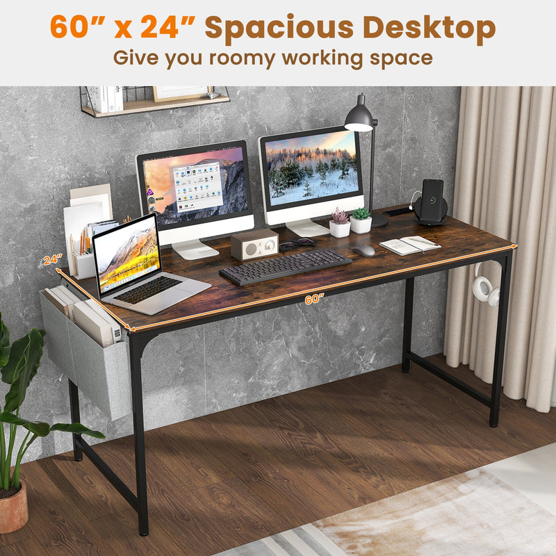 60 Inch Computer Desk with Charging Station Storage Bag-Rustic Brown