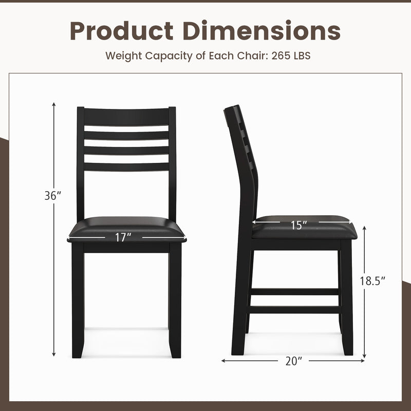 Wooden Dining Chair Set of 2 with Rubber Wood Frame  Padded Cushion and Ladder Back-Black