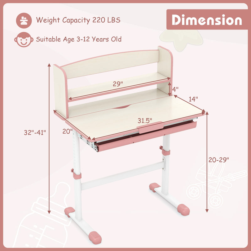 Height Adjustable Kids Study Desk with Tilt Desktop-Pink