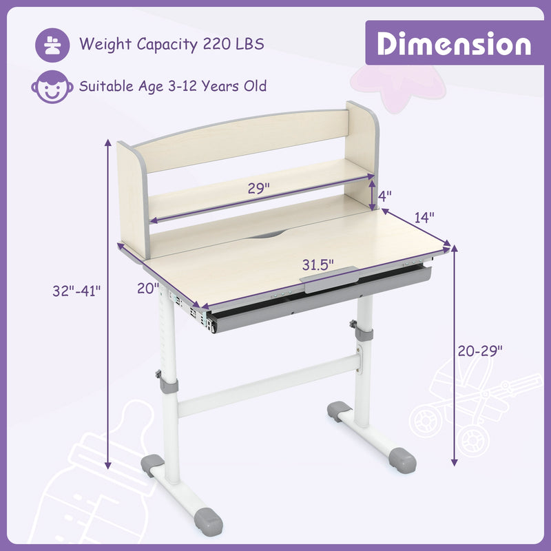 Height Adjustable Kids Study Desk with Tilt Desktop-Gray