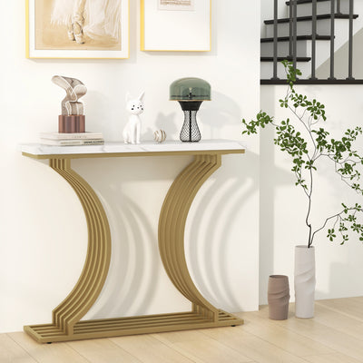 39-Inch Gold Entryway Table Modern Console Table with Faux Marble Tabletop-Golden