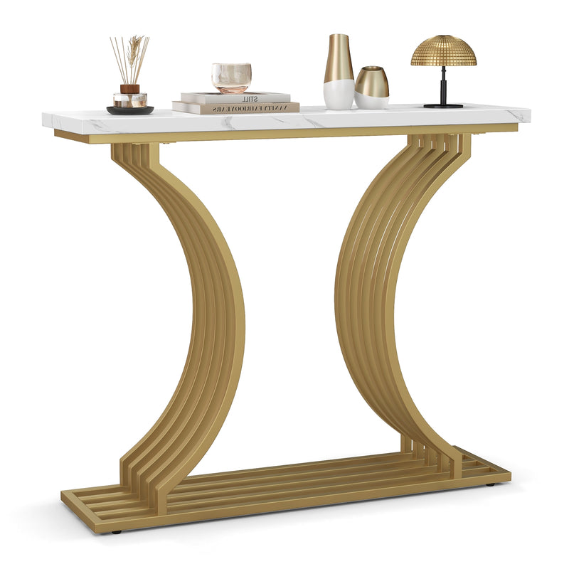 39-Inch Gold Entryway Table Modern Console Table with Faux Marble Tabletop-Golden