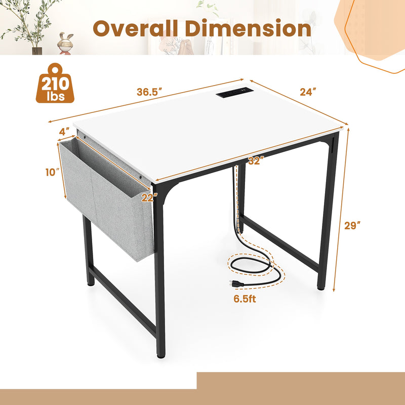 32 Inch Computer Desk Small Home Office Desk with Charging Station-White