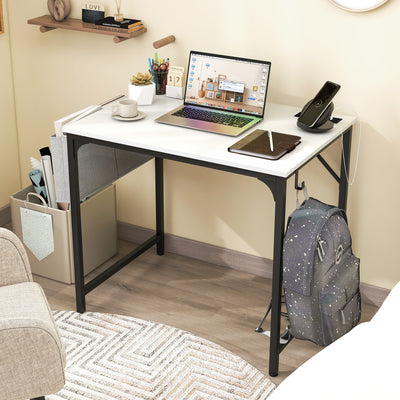 32 Inch Computer Desk Small Home Office Desk with Charging Station-White