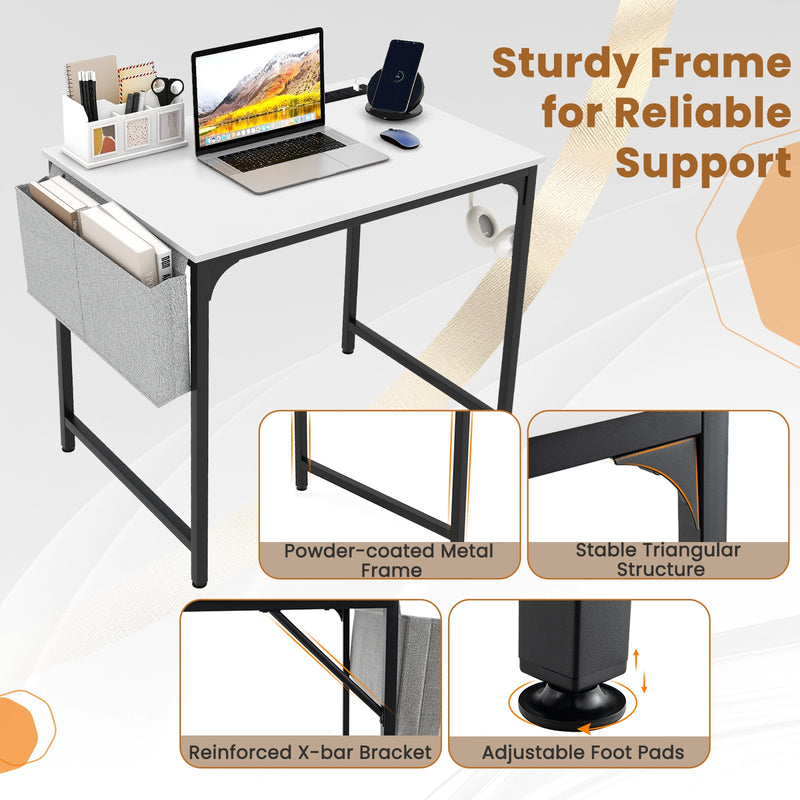 32 Inch Computer Desk Small Home Office Desk with Charging Station-White