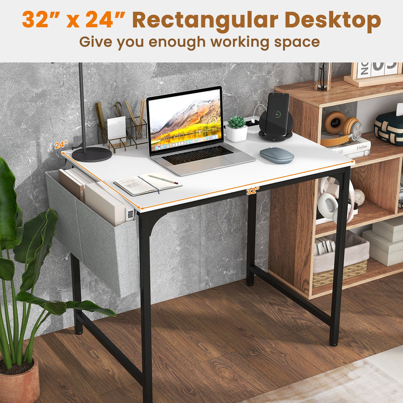 32 Inch Computer Desk Small Home Office Desk with Charging Station-White