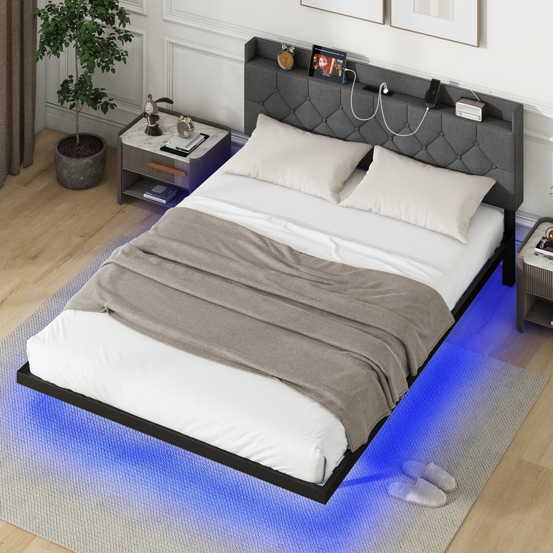 Full/Queen Size Floating Bed Frame with LED and Headboard and Charging Station-Queen Size