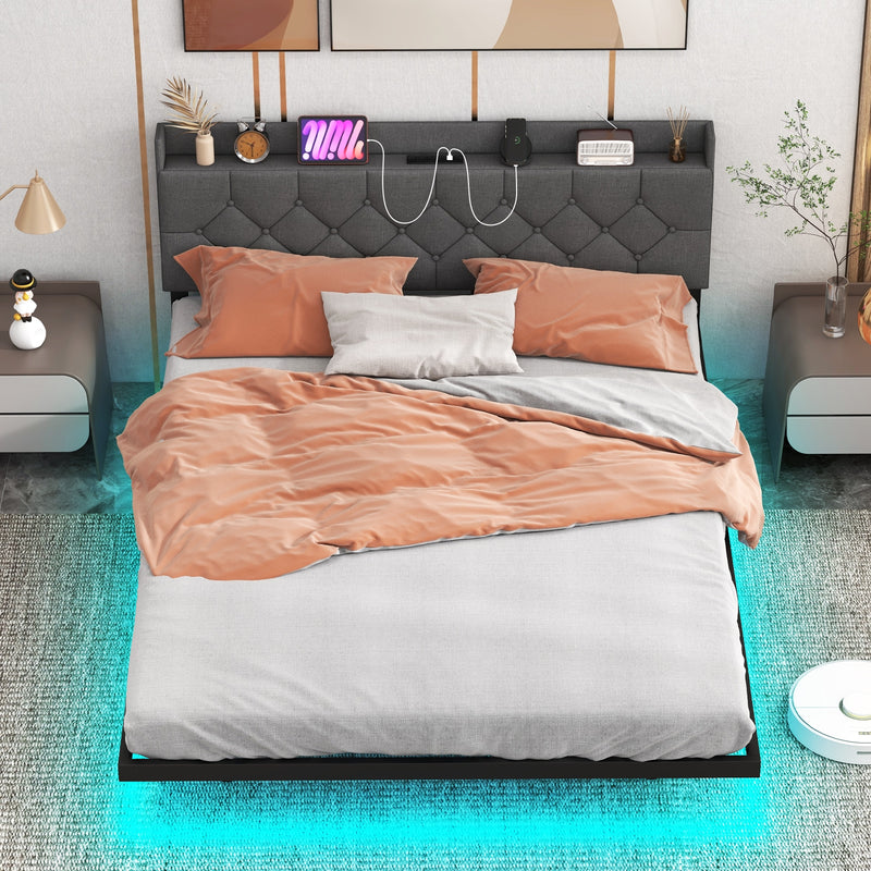 Full/Queen Size Floating Bed Frame with LED and Headboard and Charging Station-Queen Size