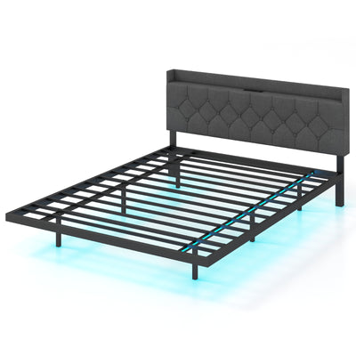 Full/Queen Size Floating Bed Frame with LED and Headboard and Charging Station-Queen Size