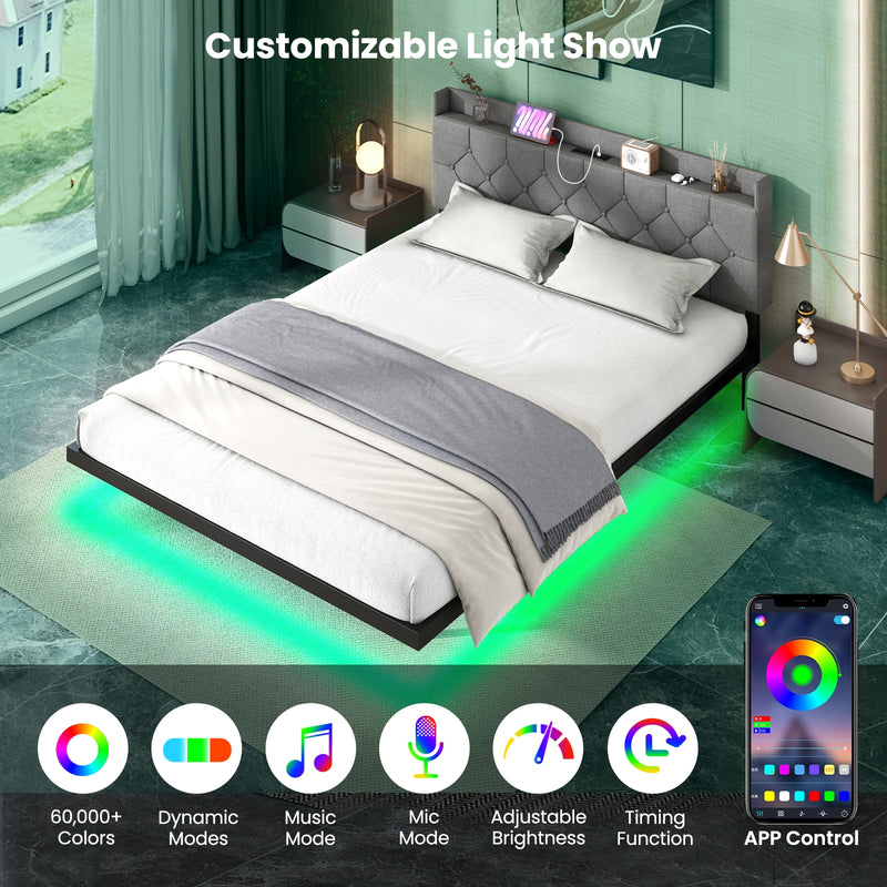 Full/Queen Size Floating Bed Frame with LED and Headboard and Charging Station-Queen Size