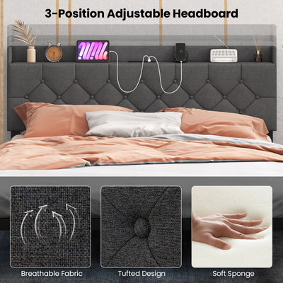 Full/Queen Size Floating Bed Frame with LED and Headboard and Charging Station-Queen Size