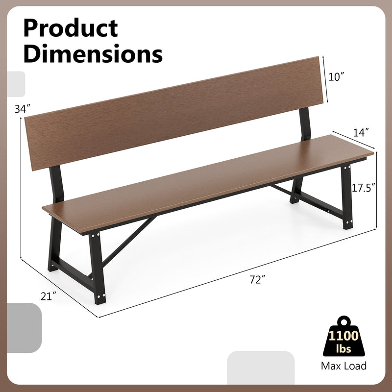 72 Inch Extra Long Bench with All-Weather HDPE Seat & Back for Yard Garden Porch-Brown