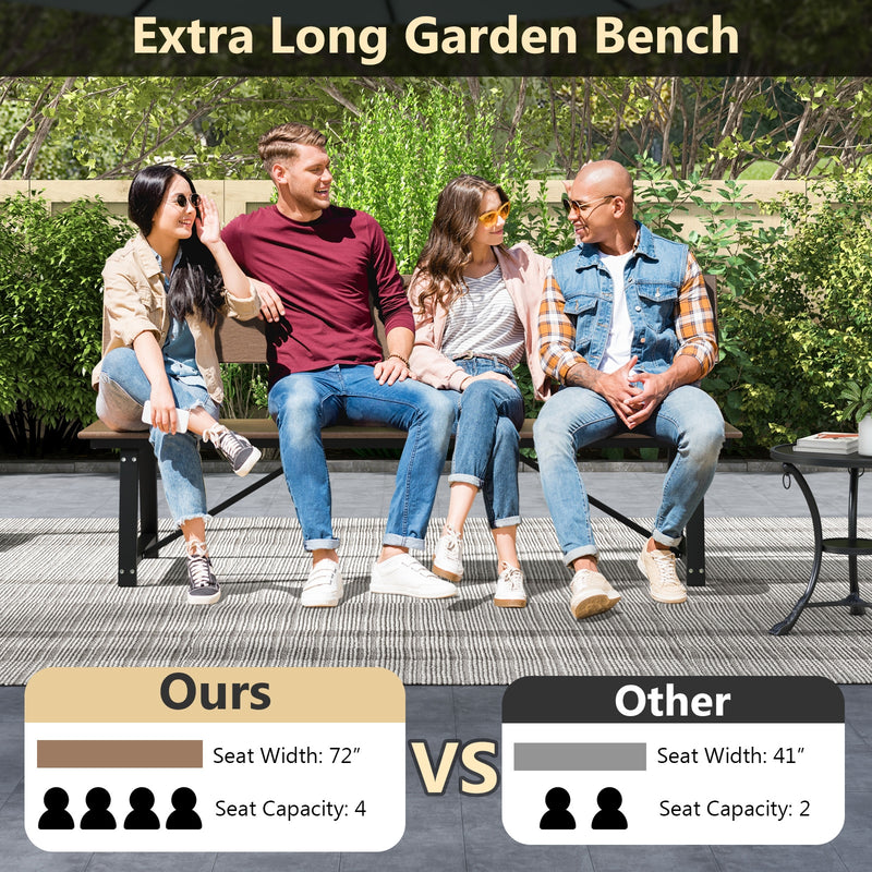 72 Inch Extra Long Bench with All-Weather HDPE Seat & Back for Yard Garden Porch-Brown