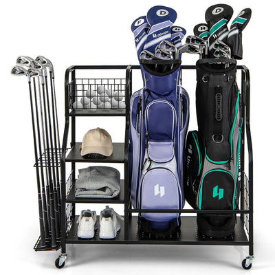 Golf Bag Organizer for 2 Golf Bags with Golf Clubs Rack and Lockable Wheels-Black