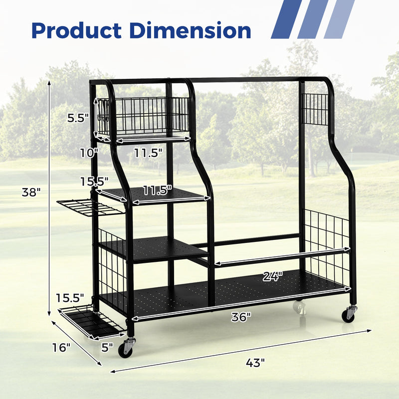 Golf Bag Organizer for 2 Golf Bags with Golf Clubs Rack and Lockable Wheels-Black