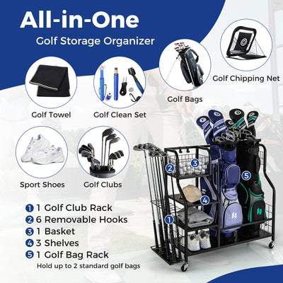 Golf Bag Organizer for 2 Golf Bags with Golf Clubs Rack and Lockable Wheels-Black