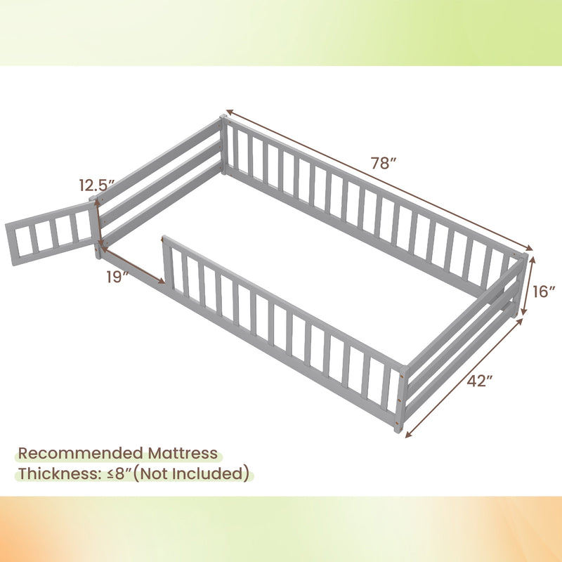 Twin Size Kids Wood Montessori Floor Bed with Door and Fence-Gray