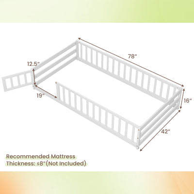 Twin Size Kids Wood Montessori Floor Bed with Door and Fence-White