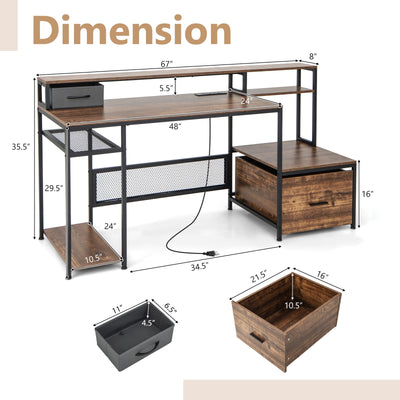 67 Inch Computer Desk with Monitor Stand & File Drawer-Rustic Brown