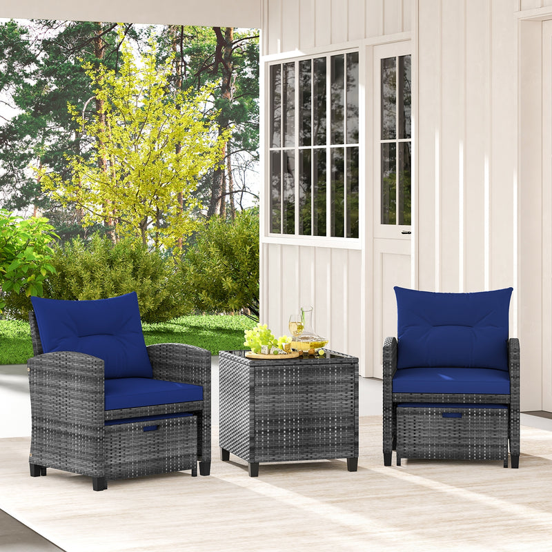 5 Piece Patio Rattan Furniture with 2 Ottomans and Tempered Glass Coffee Table-Navy