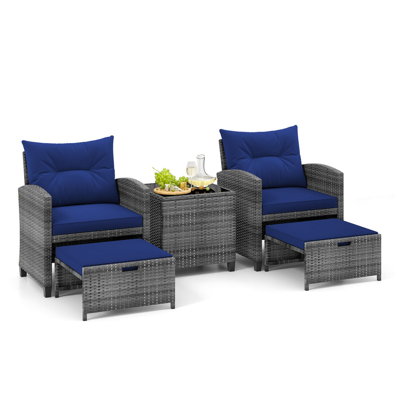 5 Piece Patio Rattan Furniture with 2 Ottomans and Tempered Glass Coffee Table-Navy