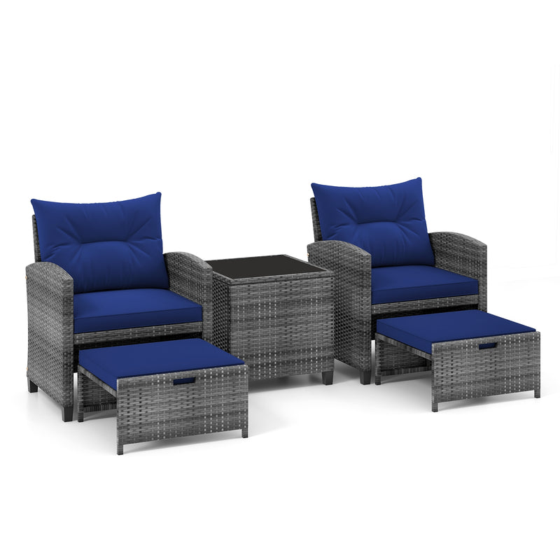 5 Piece Patio Rattan Furniture with 2 Ottomans and Tempered Glass Coffee Table-Navy