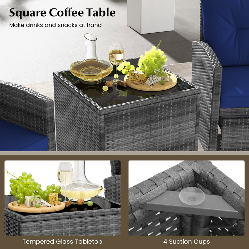 5 Piece Patio Rattan Furniture with 2 Ottomans and Tempered Glass Coffee Table-Navy