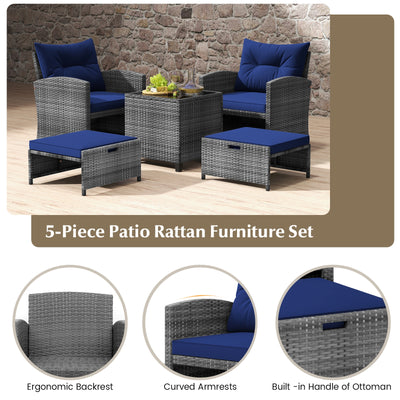 5 Piece Patio Rattan Furniture with 2 Ottomans and Tempered Glass Coffee Table-Navy