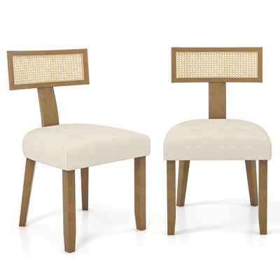 Set of 2 Linen Fabric Upholstered Accent Dining Chairs with Curved Rattan Backrests-Beige